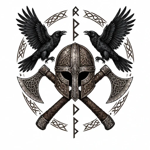 Viking helmet centered over crossed axes with two ravens and runic designs forming a circular pattern