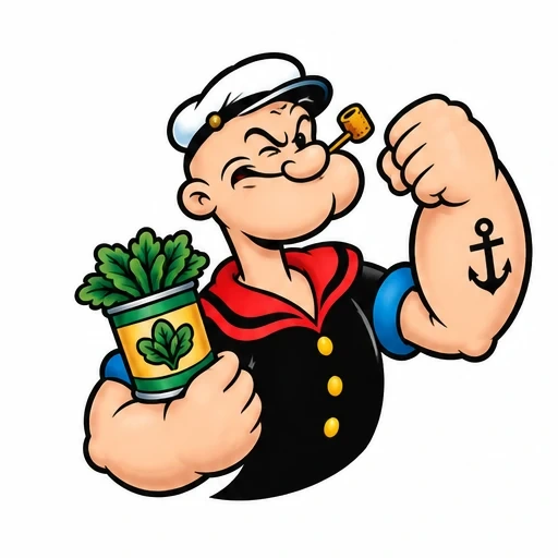 Popeye flexing arm with anchor tattoo holding can of spinach