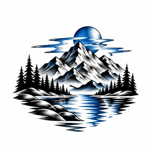 Chrome-style tattoo design of snowy mountains, pine trees, reflective water, moon, and clouds.