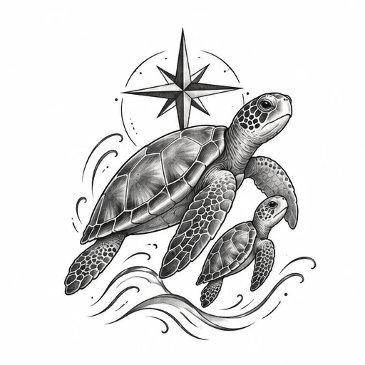 Black and gray tattoo of mother and baby sea turtles swimming with nautical star and flowing water lines