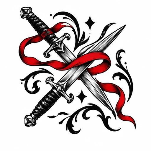 Two crossed daggers with a flowing red ribbon wrapped around them, surrounded by black swirling flourishes and shining stars.