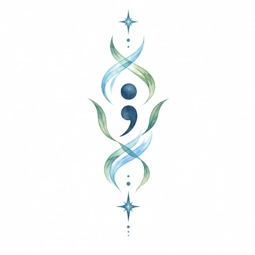 Vertical tattoo design of semicolon with blue and green flowing ribbons and two blue stars