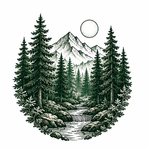Tattoo design of a mountain with pine trees, a flowing stream, and a full moon above