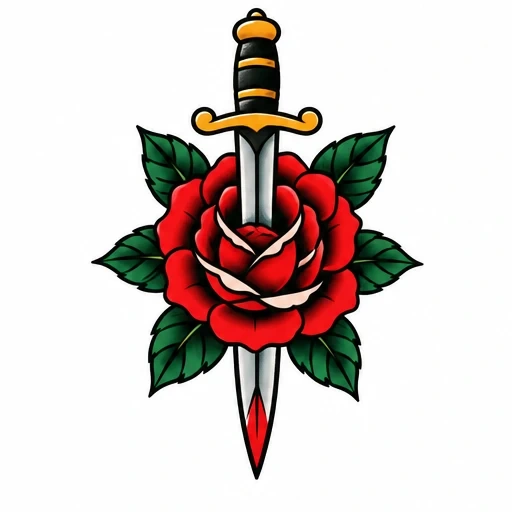 Traditional tattoo of a dagger piercing a red rose with green leaves and a striped golden handle