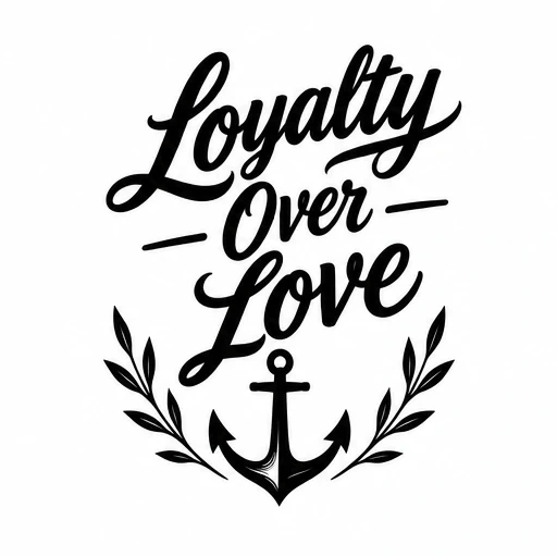 Black script tattoo saying 'Loyalty Over Love' with anchor and laurel branches below