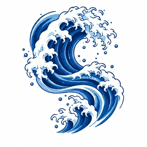 Stylized S-shaped Japanese wave tattoo design with blue waves and white foam