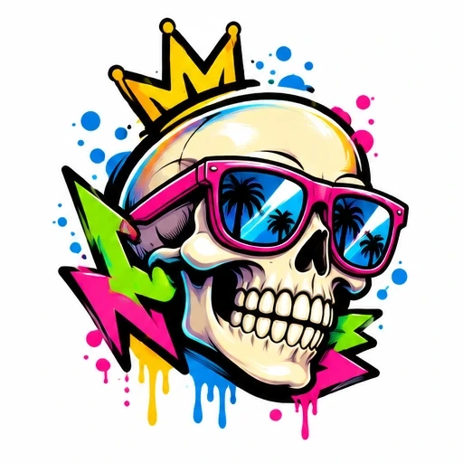 Skull with pink sunglasses reflecting palm trees, yellow crown, and colorful graffiti arrows with paint drips in bright new school style.