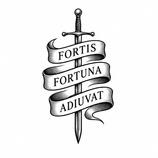 Black ink drawing of a sword with three-part banner reading Fortis Fortuna Adiuvat wrapped around the blade