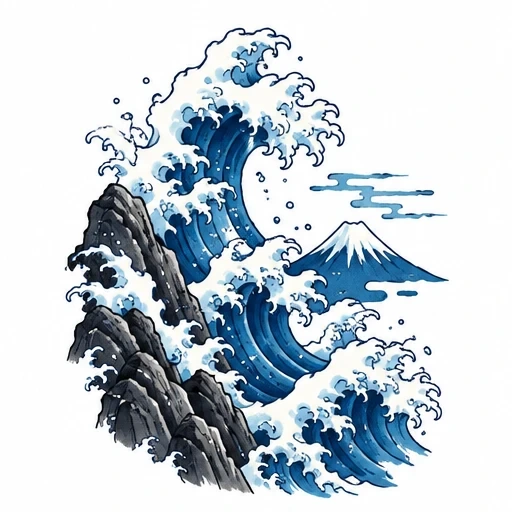 Illustration of a large Japanese-style blue wave crashing by rocky shoreline with Mt. Fuji in the background