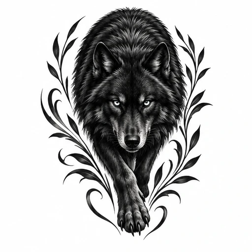 Black wolf with sharp eyes prowling forward, surrounded by decorative leafy vine shapes