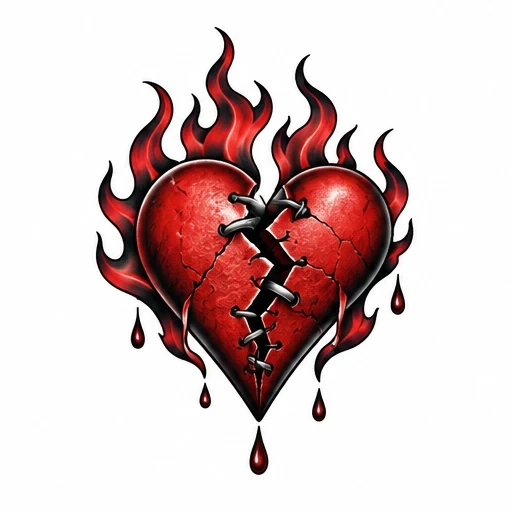 Red broken heart with black stitches and red-black flames, blood drops falling from bottom.
