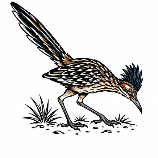 Illustrated roadrunner bird walking with raised tail and blue crest, detailed feather patterns and ground plants.