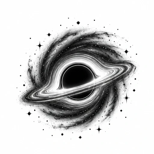 Black hole tattoo with glowing swirling accretion ring and surrounding stars on white background.