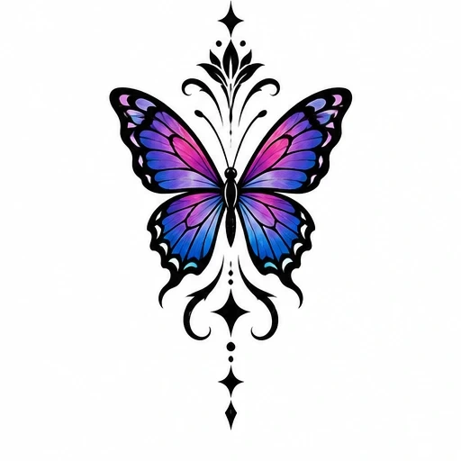 Purple and blue butterfly with black ornamental pattern and star shapes