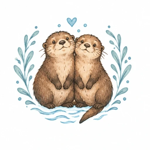 Two cute otters sitting side by side with a blue heart above and blue water splash decorations