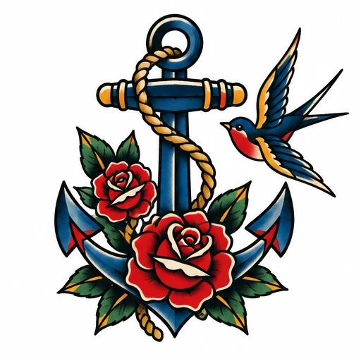 Traditional tattoo of blue anchor with gold rope, red roses, green leaves, and a flying swallow