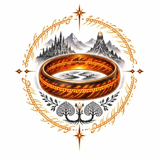 Tattoo design of the One Ring with Elvish inscription, mountains, volcano, fortress city, and stylized trees within a compass rose of script.