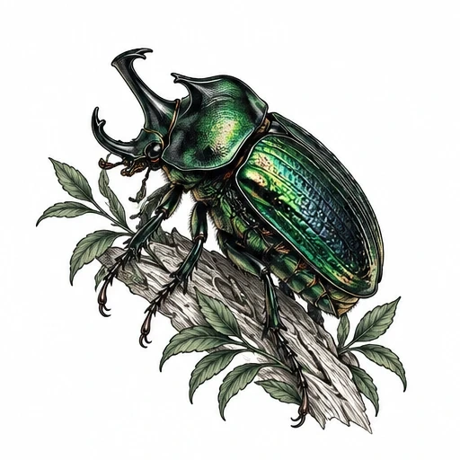Detailed tattoo of a green rhinoceros beetle on a twig with leaves