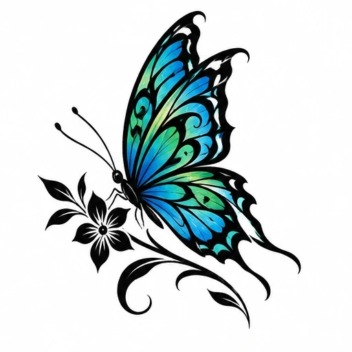 Blue and green butterfly with black floral branch tattoo design