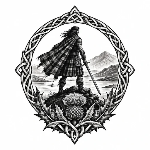 Black and white tattoo art of a Highlander warrior with sword, standing on rocks overlooking a mountain loch, framed by Celtic knot and thistle.