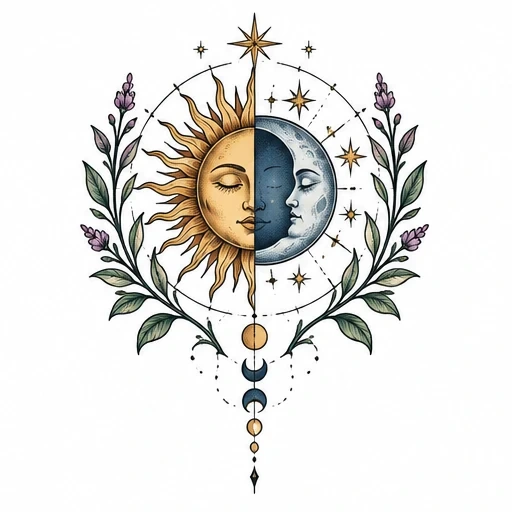 Tattoo design of half sun and half moon face with stars, surrounded by lavender flowers and moon phases below.