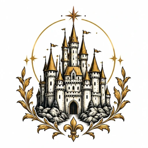 Heraldic tattoo design of a tall, detailed castle with golden towers, surrounded by a golden laurel wreath and star accents.