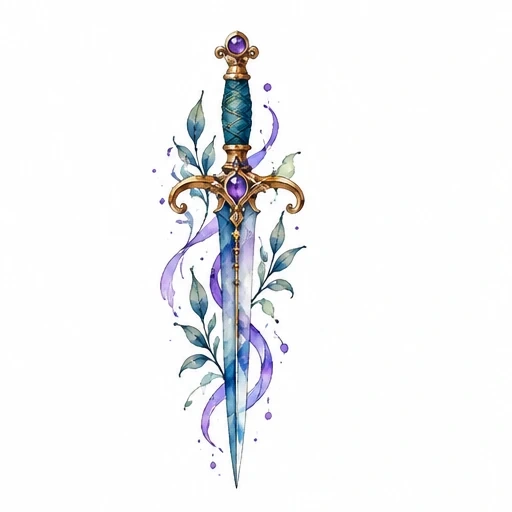 Watercolor tattoo design of a dagger with golden hilt, blue blade, wrapped purple ribbon and green leaves.