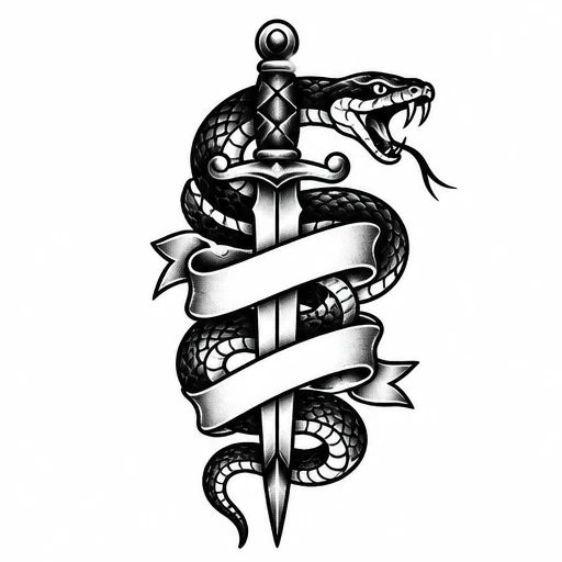 Black and white tattoo of a fierce snake coiled around a sword with a blank ribbon banner wrapped around both.