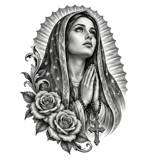 Black and gray tattoo of Virgin Mary praying with rosary and roses in Chicano style