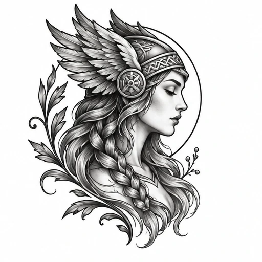 Black and white illustration of a Valkyrie woman in profile wearing a winged helmet with braided hair and floral accents.