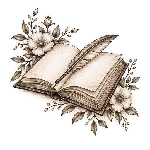 Open vintage book tattoo with feather quill and flowers in sepia tones