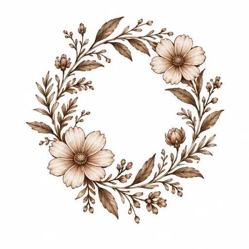Sepia tone floral wreath tattoo with detailed flowers, leaves, and buds in a circular pattern.
