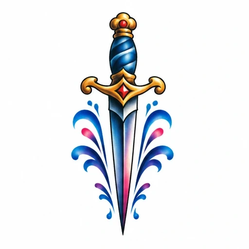 Airbrushed dagger tattoo with blue handle, gold guard, and blue-pink water splash design