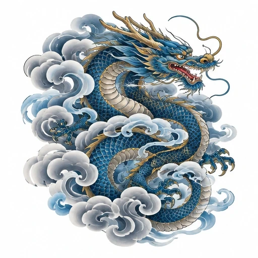 Japanese dragon with blue scales and golden features emerging from gray and white clouds