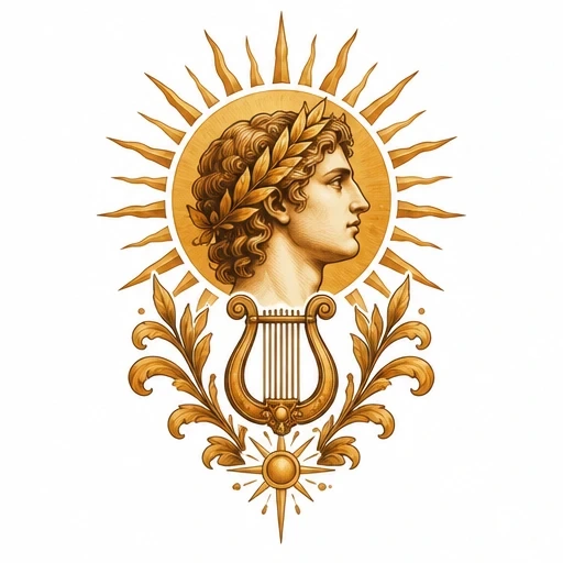Illustration of Apollo's side profile with radiant sun, laurel wreath, lyre, and decorative foliage in golden hues