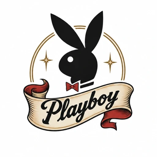 Playboy bunny silhouette with red bow tie above a vintage scroll banner reading 'Playboy', flanked by golden stars and arch.