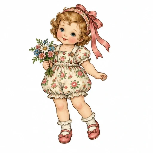 Vintage Kewpie doll with blonde curls, floral romper, pink shoes, and holding a bouquet