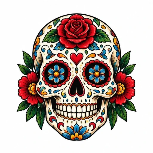 Colorful sugar skull with red rose on forehead, blue floral eyes, red side flowers, and green leaves