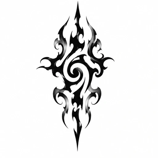 Symmetrical black tribal tattoo design with flame shapes and central swirl