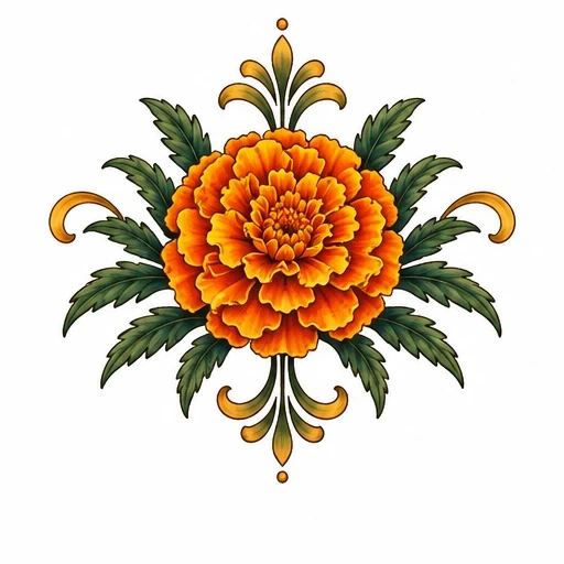 Colorful marigold flower tattoo design with green leaves and gold ornamental flourishes on white background.