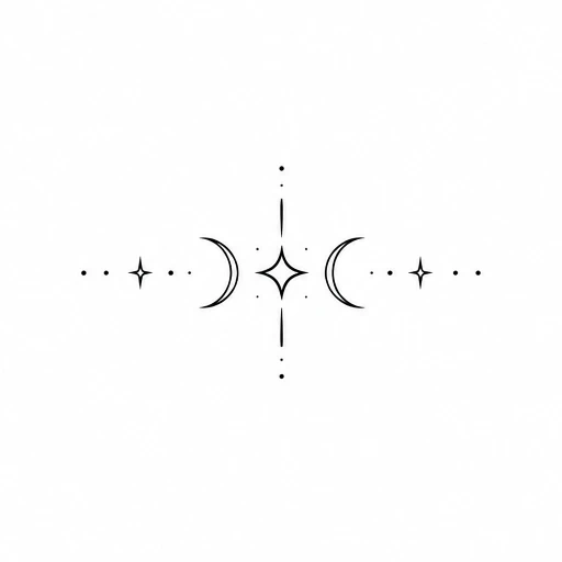 Minimalist tattoo design with crescents, stars, and dots arranged symmetrically