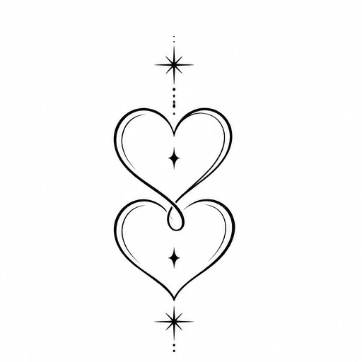 Minimalist tattoo of two connected hearts in a vertical line with small stars and dots surrounding