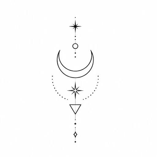 Minimalist tattoo design with crescent moon, stars, triangle, and dots arranged vertically