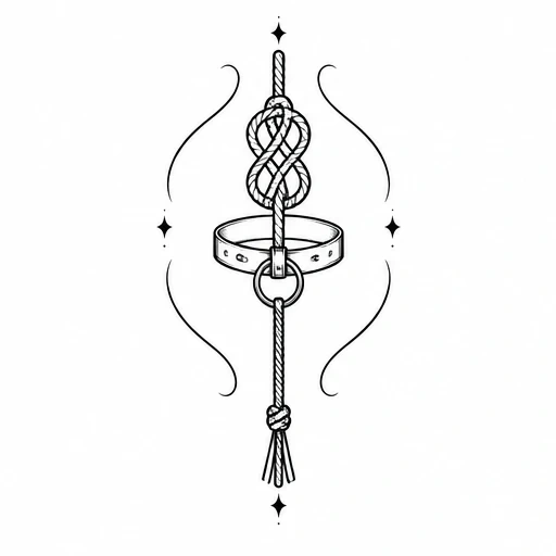 Black linework tattoo design of a knotted rope passing through a collar ring framed by stars and curved lines.
