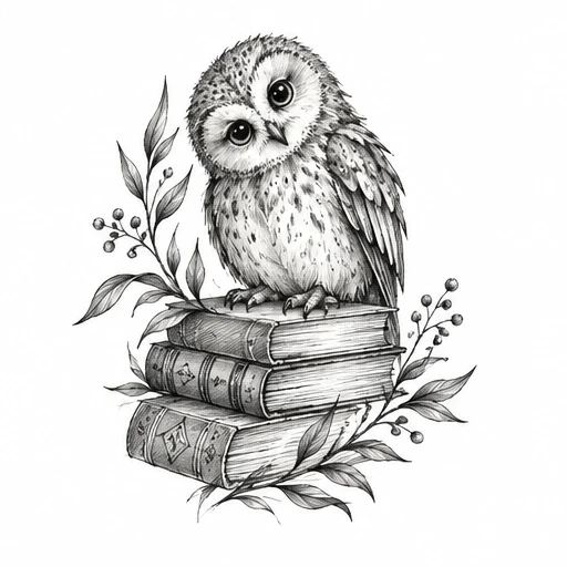 Black and white drawing of an owl perched on three books surrounded by leafy branches and berries.