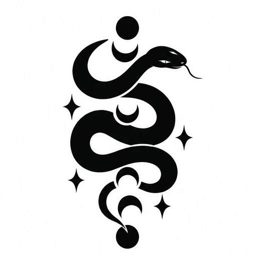 Black tattoo design of a curled snake with crescent moons, solid circles, and four stars in a vertical arrangement.
