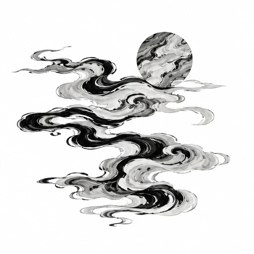 Black and gray swirling ink patterns with a circular ink marbling element on white background