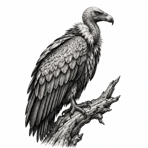 Detailed black and grey vulture tattoo perched on a textured branch with layered feathers and sharp gaze