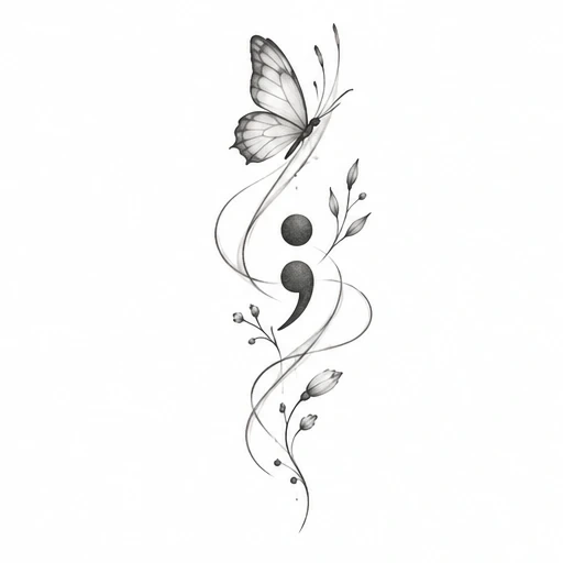 Monochrome semicolon tattoo with butterfly and floral elements, fine shading, and flowing lines.