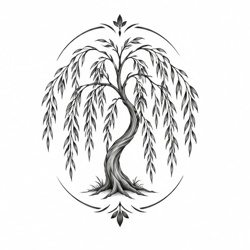 Black ink drawing of a willow tree with drooping leaves, twisting trunk, and decorative leaf accents.